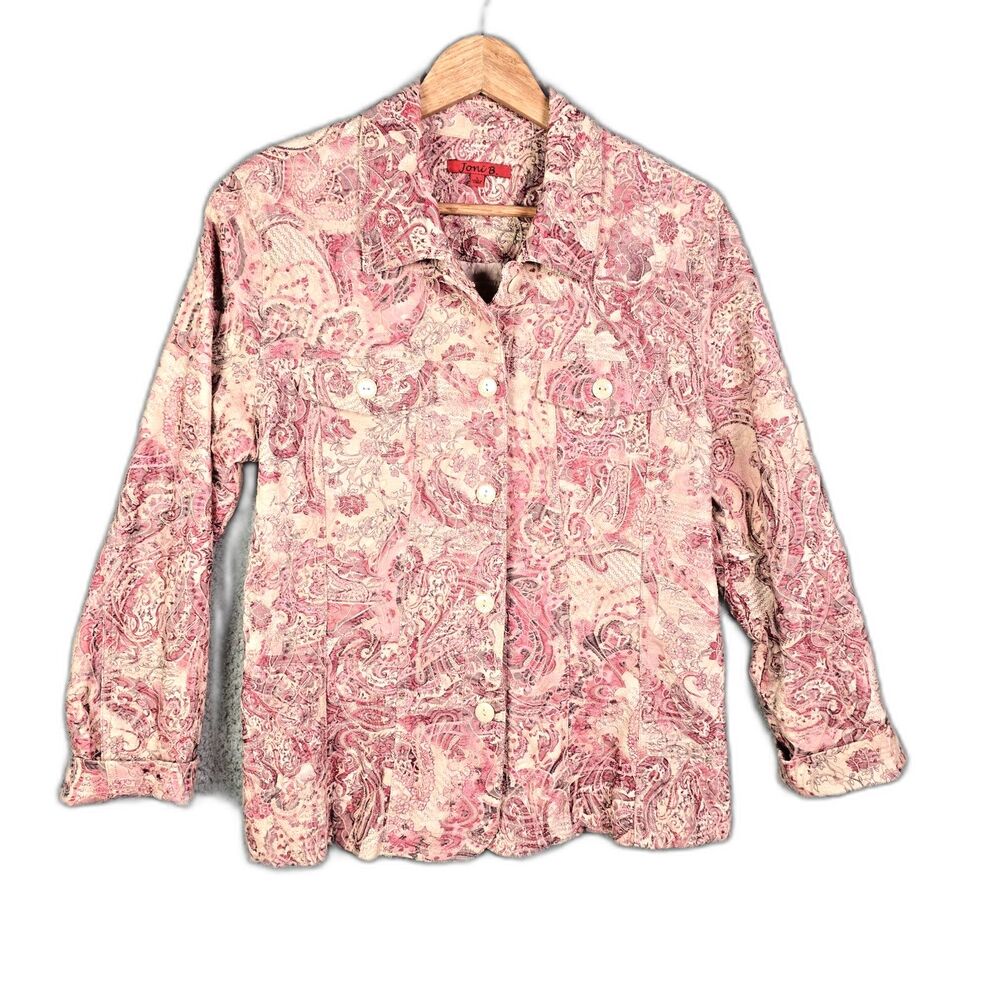 Joni B Shacket Pink Paisley L Boho Cotton Pockets Pearlescent Buttons